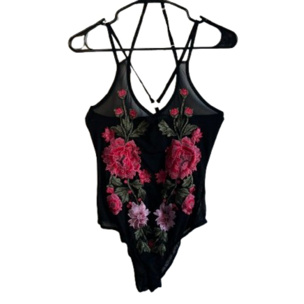 ✨ Top Chic Black Mesh Floral Embroidered Bodysuit | Size M | Strappy Back